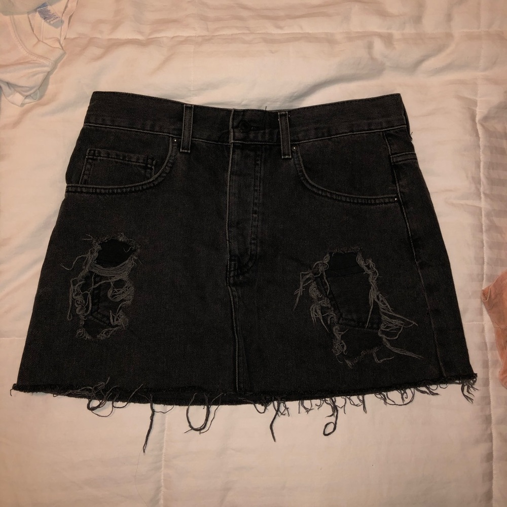 Forever 21 ripped black jean skirt, size 28